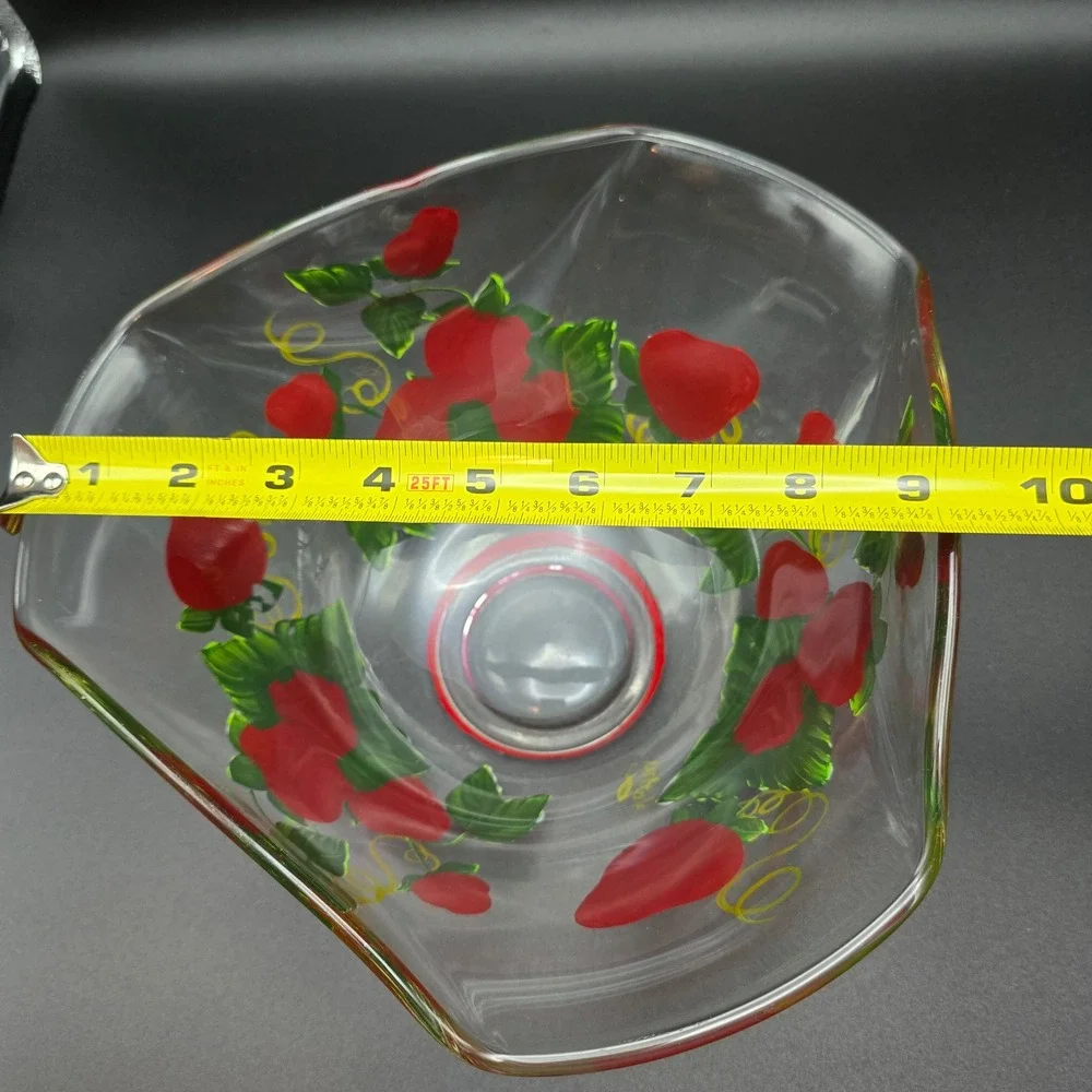 Hand Painted Strawberry Glass Serving Salad Bowl Triangular‎ Ruffled Clear Red
